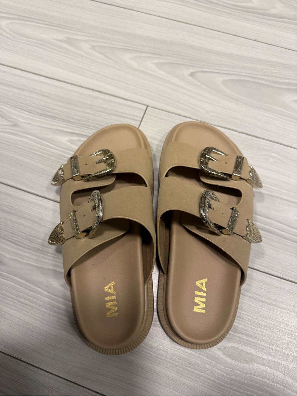 MIA Women's Beige Dual Buckle Slide Sandals with Gold Accents